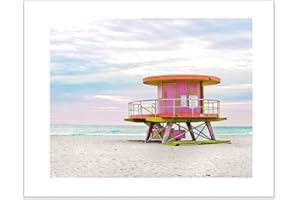 CATCH A STAR FINE ART Art Deco Beach Decor, Pink Miami Beach Photo Surf Lifeguard Stand Wall Decor 8x10 Inch Matted Print