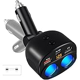 AKAARI 2-Socket Cigarette Lighter Splitter with PD30W Type-C and 2 USB Ports, 100W Car Charger with LED Voltage Indicator for