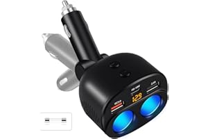 AKAARI 2-Socket Cigarette Lighter Splitter with PD30W Type-C and 2 USB Ports, 100W Car Charger with LED Voltage Indicator for