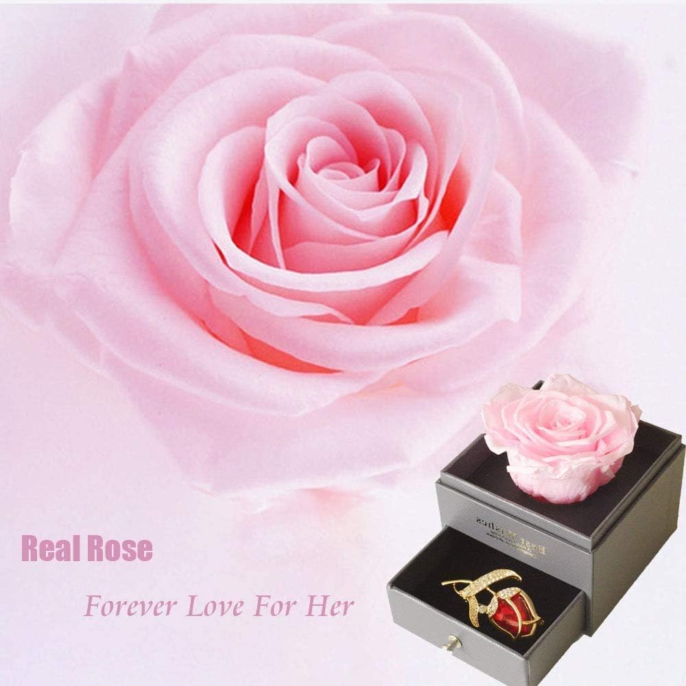 SWEETIME Forever Pink Rose Jewelry Gift Box, Enchanted Real Rose with Ruby Rose Brooch - Image 3