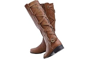 Syktkmx Womens Strappy Motorcycle Knee High Boots Winter Lace Up Riding Flat Low Heel Shoes