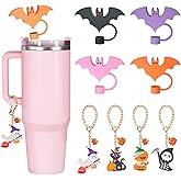Halloween Straw Cover Cap for Stanley Cup, Reusable Silicone Straw Topper for Stanley 30&40Oz Tumbler with Handle, 10mm 0.4in Stanley Cup Accessories (4 Halloween Bats+ 4 Chains)