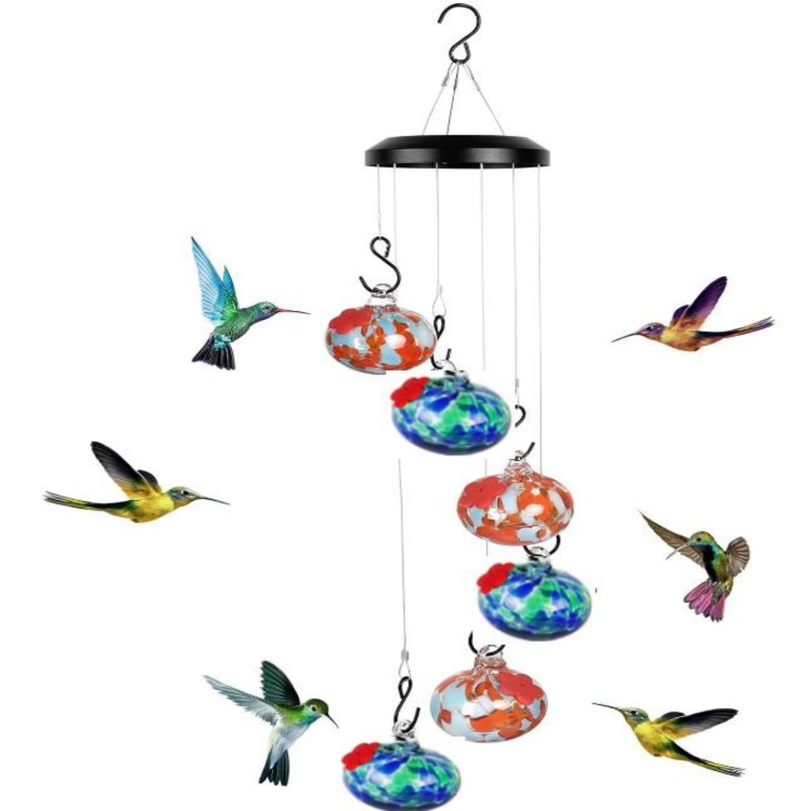 Qivine Bird Feeders Wind Chimes, Fat Ball Feeders Hanging, Outdoor Hanging Charming Wind Chimes Shaped Hummingbird Feeder with 6 Feeding Ports for Garden Yard Decor