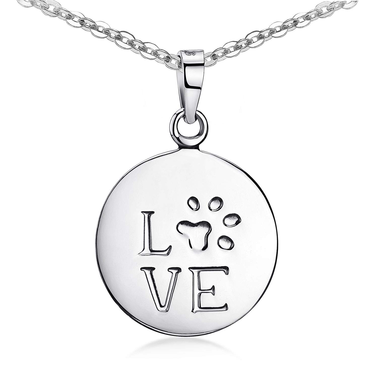 Materia Round Paw Print Pendant with Love Engraving and Chain 925 Sterling Silver, Sterling Silver
