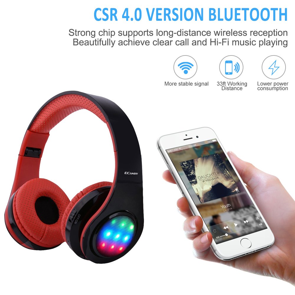 Ecandy Bluetooth Headphones w/Led Wireless/Wired Stereo Music Foldable Over-ear Hifi Sound With Microphones Hands-free Handsfree Calling for Iphone 6 6S Plus Samsung,Android Smartphone,Tablet (Red)