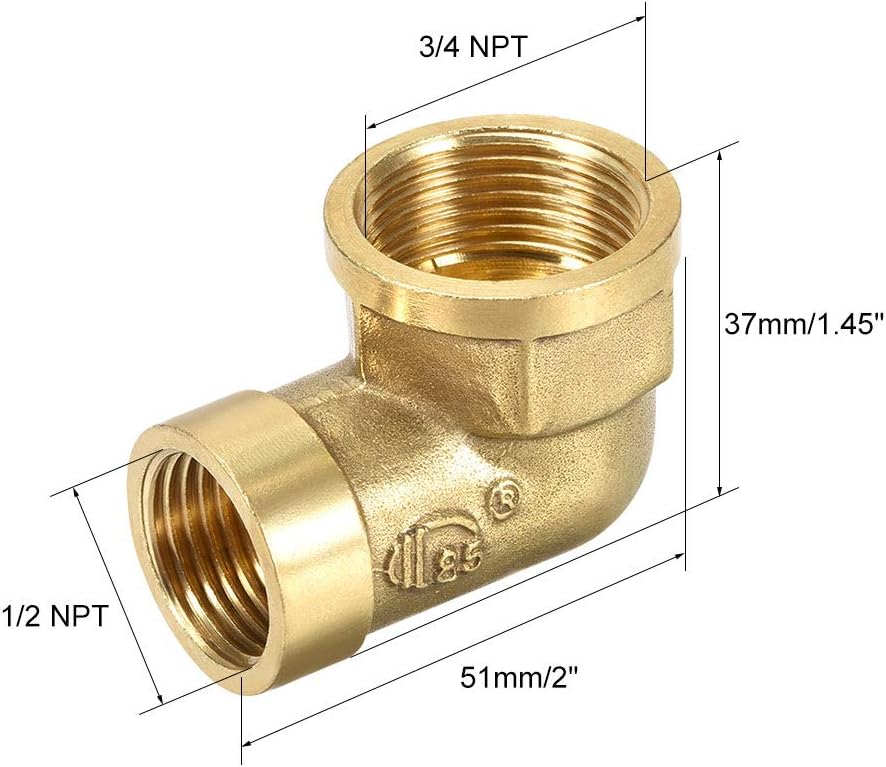 sourcing map Brass Pipe Fitting 90 Degree Street Elbow g 1/2 Female x g 3/4 Female, Gold, 1/2 NPT Female X 3/4 NPT - Image 3