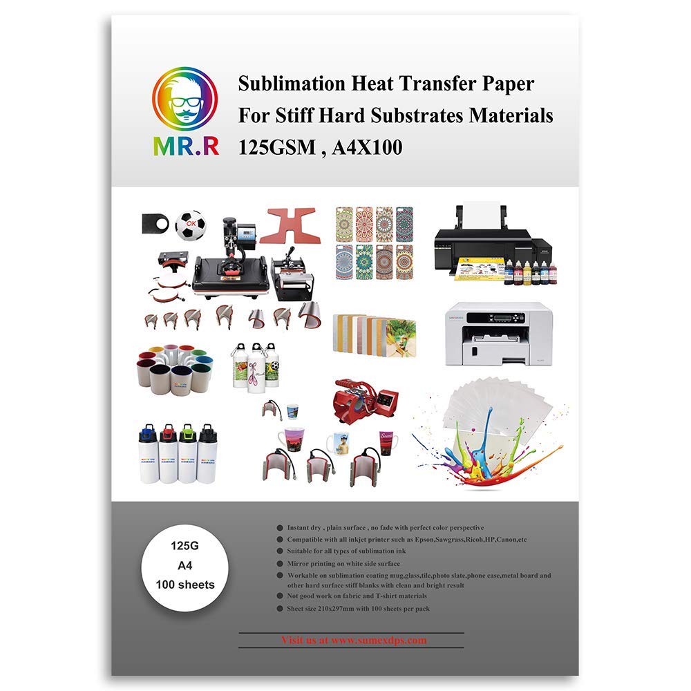 MR.R Sublimation Heat Transfer Paper 125gsm with A4 210 x 297mm Pack of 100 Sheets for Ceramic Mug and Hard Stiff Substrate Materials Suitable for Epson and Sawgrass Sublimation Printer