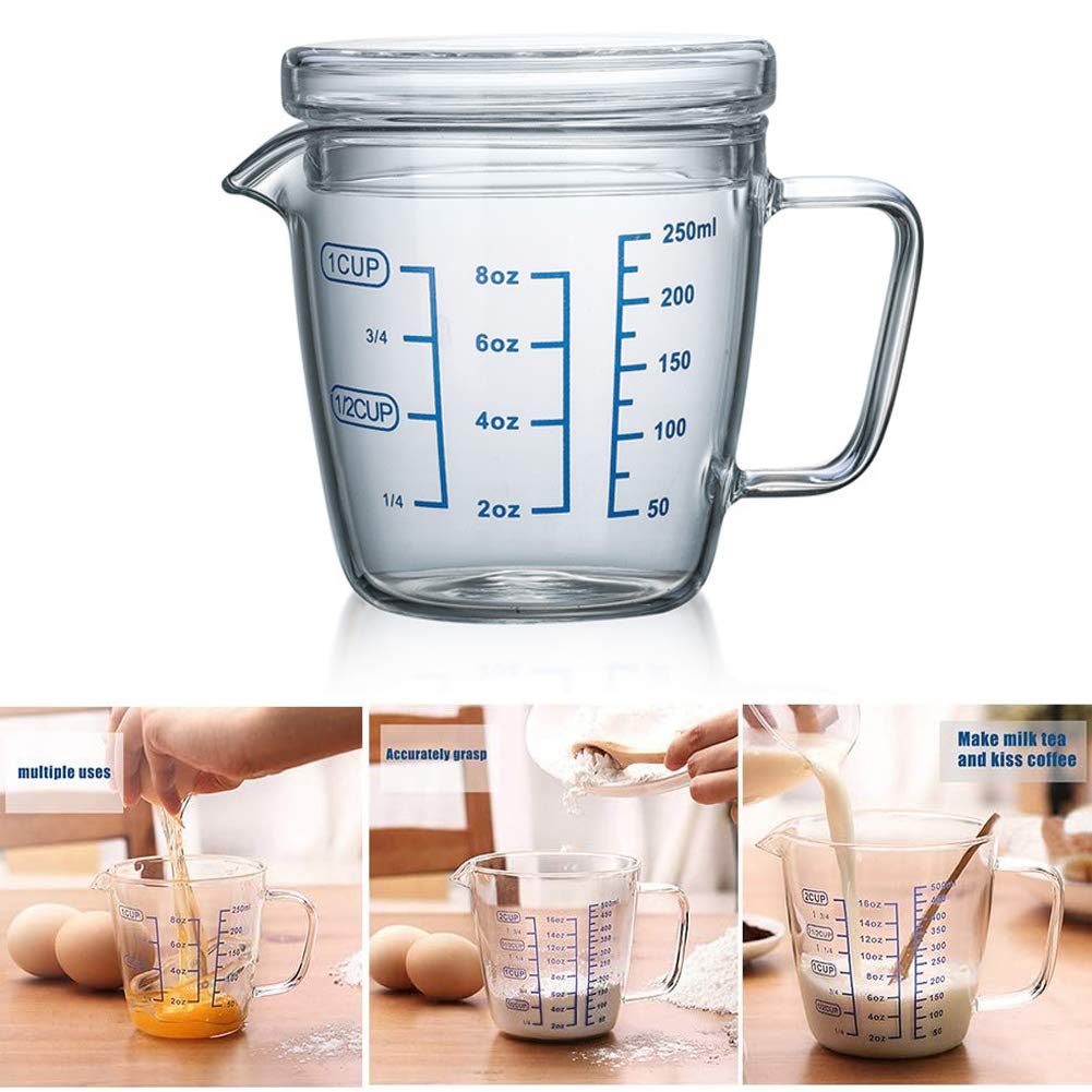 Glass Measuring Cup,250ml Heat Resistant High Borosilicate Transparent Measuring Jug with Lid and Scale Ounce Measure Mug for Microwave,Tea,Cafe,Whiskey,Milk (250ml)