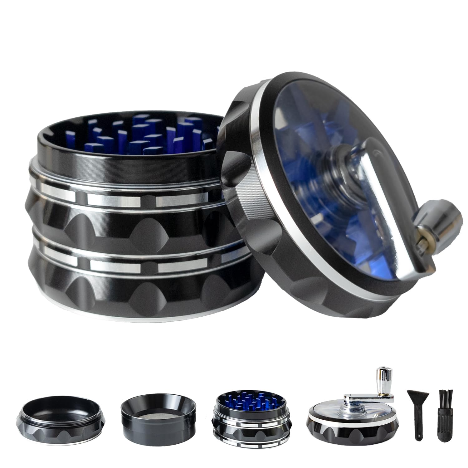 Clear Top Herb Grinder Metal Large 2.5'' Large 4-Part, Aluminum Alloy Spice Grinder with Foldable Handle,Pollen Scraper and Cleaning Brush (Black Blue)