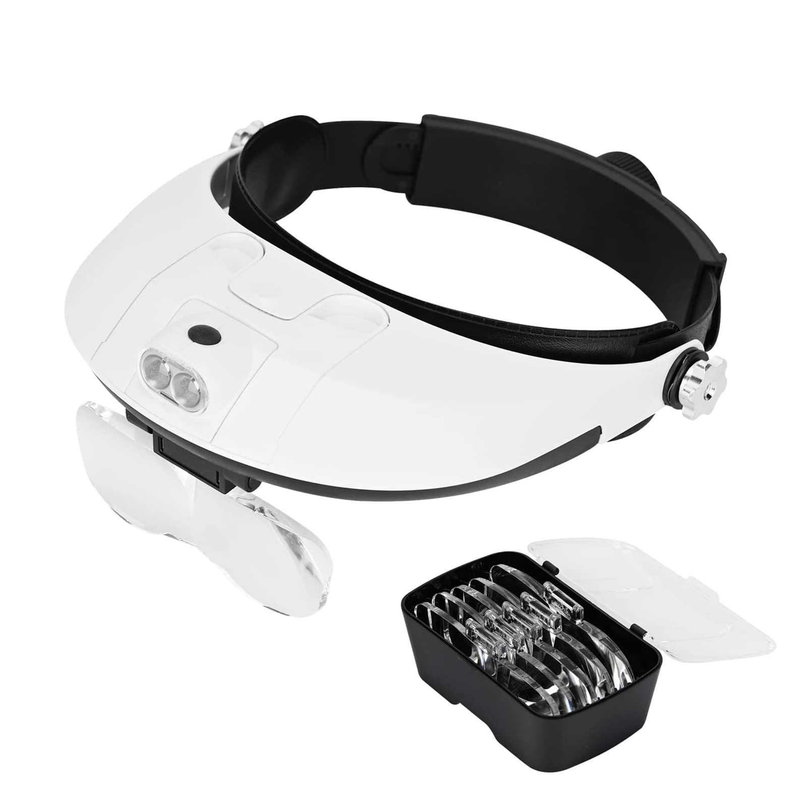 Lychee Magnifier with LED Light Hands Free Headband Illuminated,1X to 3.5X Zoom with 6 Detachable Lenses,Head Mounted Magnifying Glasses with Lights for Reading,Jewelry,Watch Repair (01), White