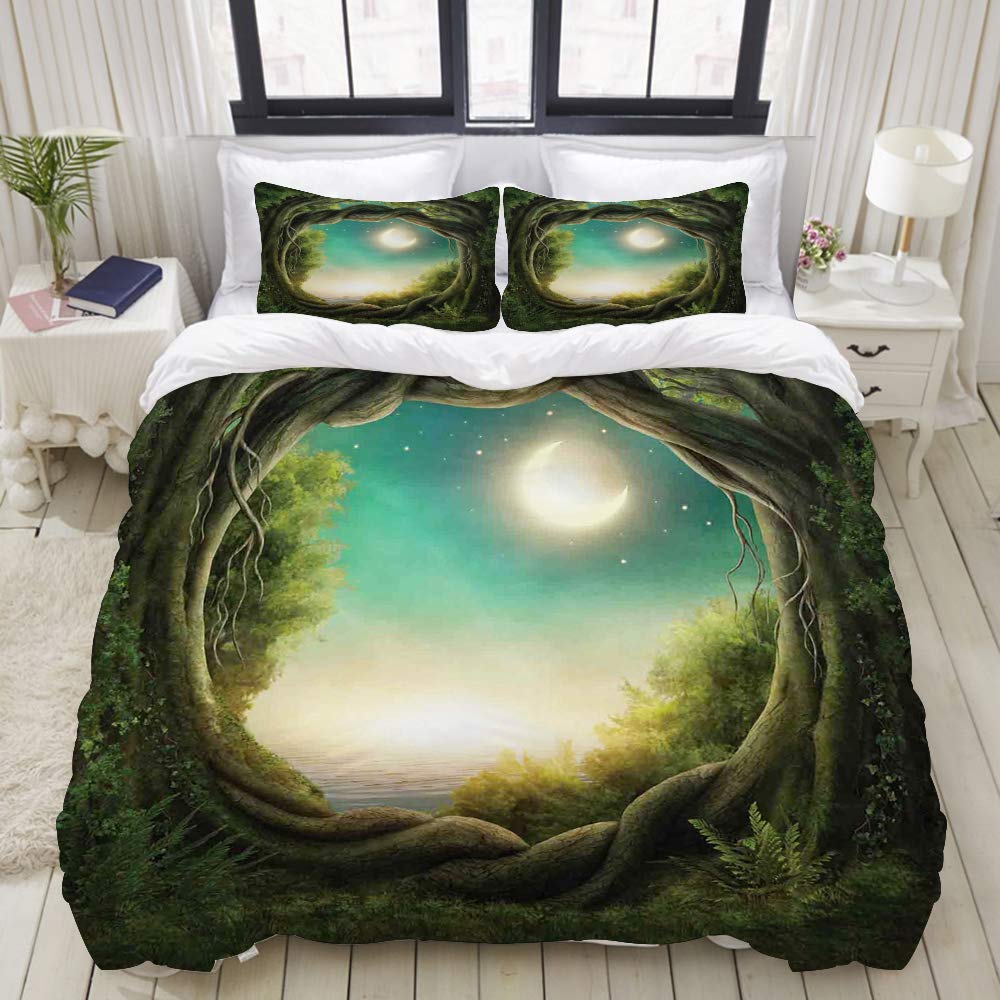 VAMIX Duvet Cover Set, Kids Enchanted Forest Full Moon Print, Decorative 3 Piece Bedding Set with 2 Pillow Shams, Full Size