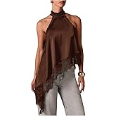 SweatyRocks Women's Lace Patchwork Asymmetrical Halter Top Dressy Sleeveless Flowy Tank Tops