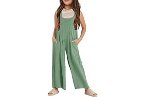 Haloumoning Girls Overalls Kids Casual Sleeveless Wide Leg Jumpsuit Loose Rompers with Pockets 5-14 Years