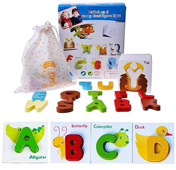 Hnt Kids Wooden Puzzle Alphabet Learning Cards with Cartoon Creatures & Alphabet Blocks