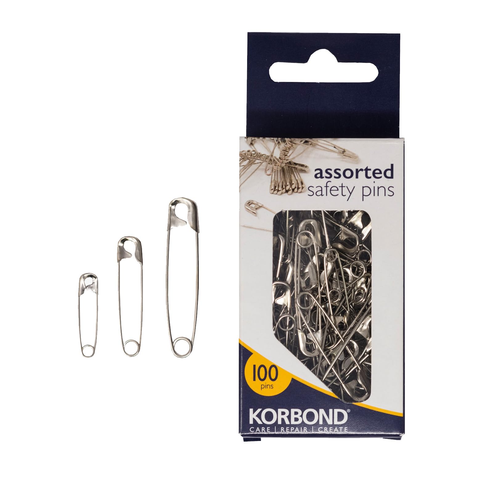 Korbond Safety Pins – 100 Pieces in Assorted Sizes – 2.5cm, 3.5cm & 5cm Pins – Tempered Steel
