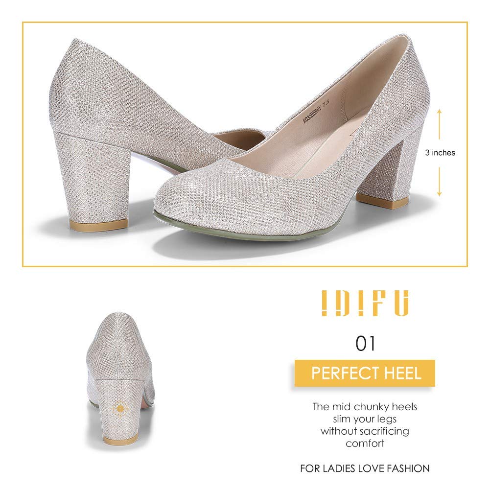 IDIFU Women's Sherry Dress Low Block Chunky Heels Pumps Closed Round Toe Shoes for Wedding Office Evening - Image 4