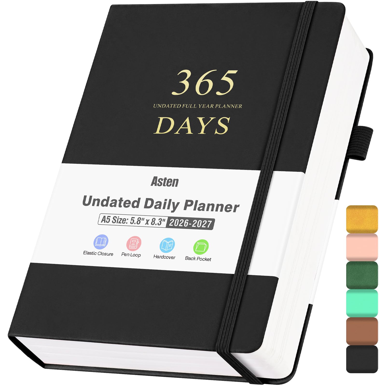 Asten Planner, Undated Daily Planner with To Do List, 365 Days Planner for ADHD Adult, Agenda Men, Hourly Planner Notebook for Goal Setting, Productivity Planner with Calendar, 8.3'' x 5.8'' (Black)