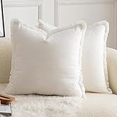MANDIOO Set of 2 Neutral Cotton Fringe Throw Pillow Covers Decorative Boho Farmhouse Cushion Covers Cozy Tassels Pillowcase for Couch Sofa Bedroom Living Room Home Decor 18x18 Inch Cream White