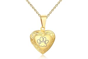 KunBead 20 inch Paw Print Love Open Heart Photo Locket Necklace with Picture inside Stainless Steel for Women