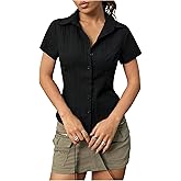 SweatyRocks Women's Button Down Shirts Collared Short Sleeve Textured Work Blouses
