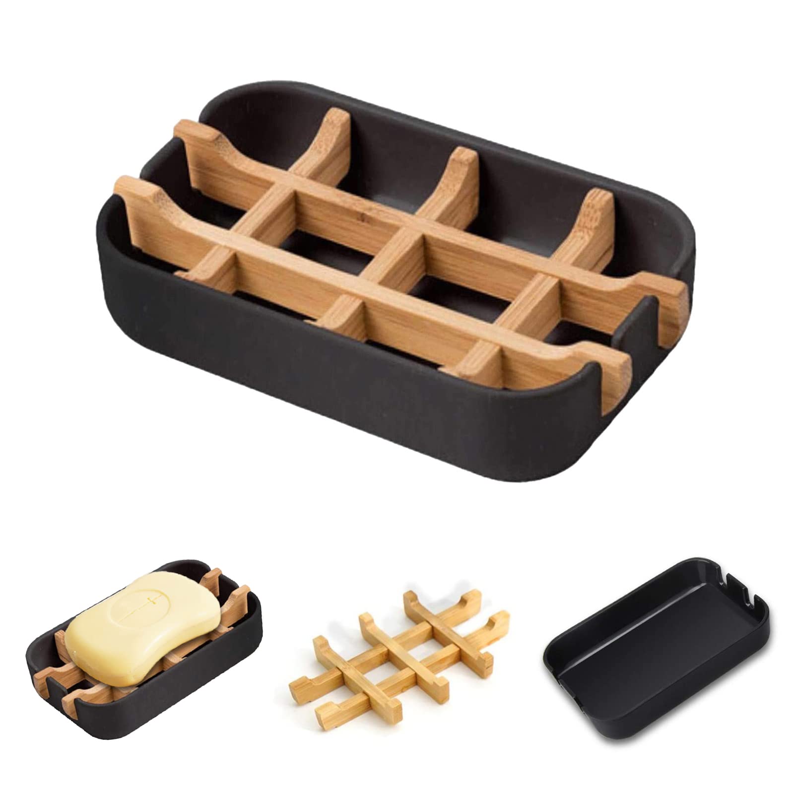 VEGCOO Bamboo soap holder, Natural Bamboo Soap Dish with Drainage Storage Holder, Durable Anti-Mould Natural Soap Box Soap Saver for Shower, Bathroom, Kitchen and Wash Basin (1 Pack Black)