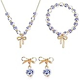 Telooco Bow Jewelry Set, Ceramic Bracelet Necklace and Earring Sets for Women with Bow Tie, Handmade Vintage Beads Ceramic Jewelry Gift