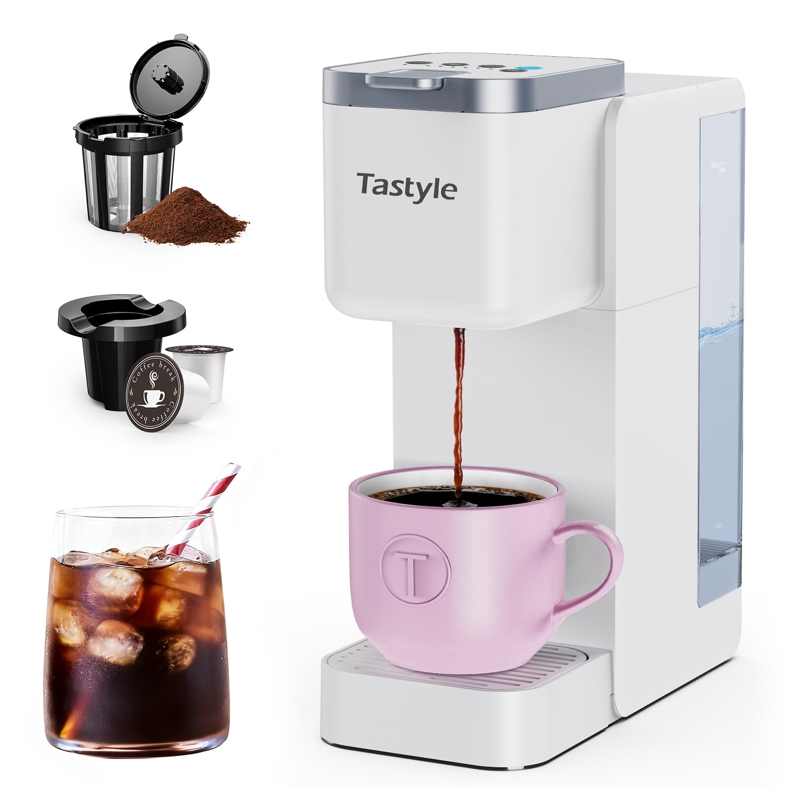 Photo 1 of Tastyle Single Serve Coffee Maker, Iced and Hot Coffee Machine for K Cup & Grounds, Compact Design, 40oz Removable Water Reservoir, 6 to 24 Oz Brew Sizes, Fits 7.3" Travel Mug, White