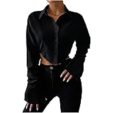 GORGLITTER Women's Cropped Button Down Shirts Long Bell Sleeve Collared Crop Blouses Tops Causal Office Outfits