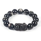 Natural Obsidian Bracelet For Men 10MM | Adjustable Stone Beaded Bracelet | Handmade Obsidian Stretch Elastic Bracelet for Men Women Gifts | with Pixiu Sculpture | Black and Silver 7.5"