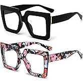 Breaksun Oversized Blue Light Glasses for Women Fashion Thick Square Computer Eyewear Non-Prescription Black Glasses (Black+ Flower)