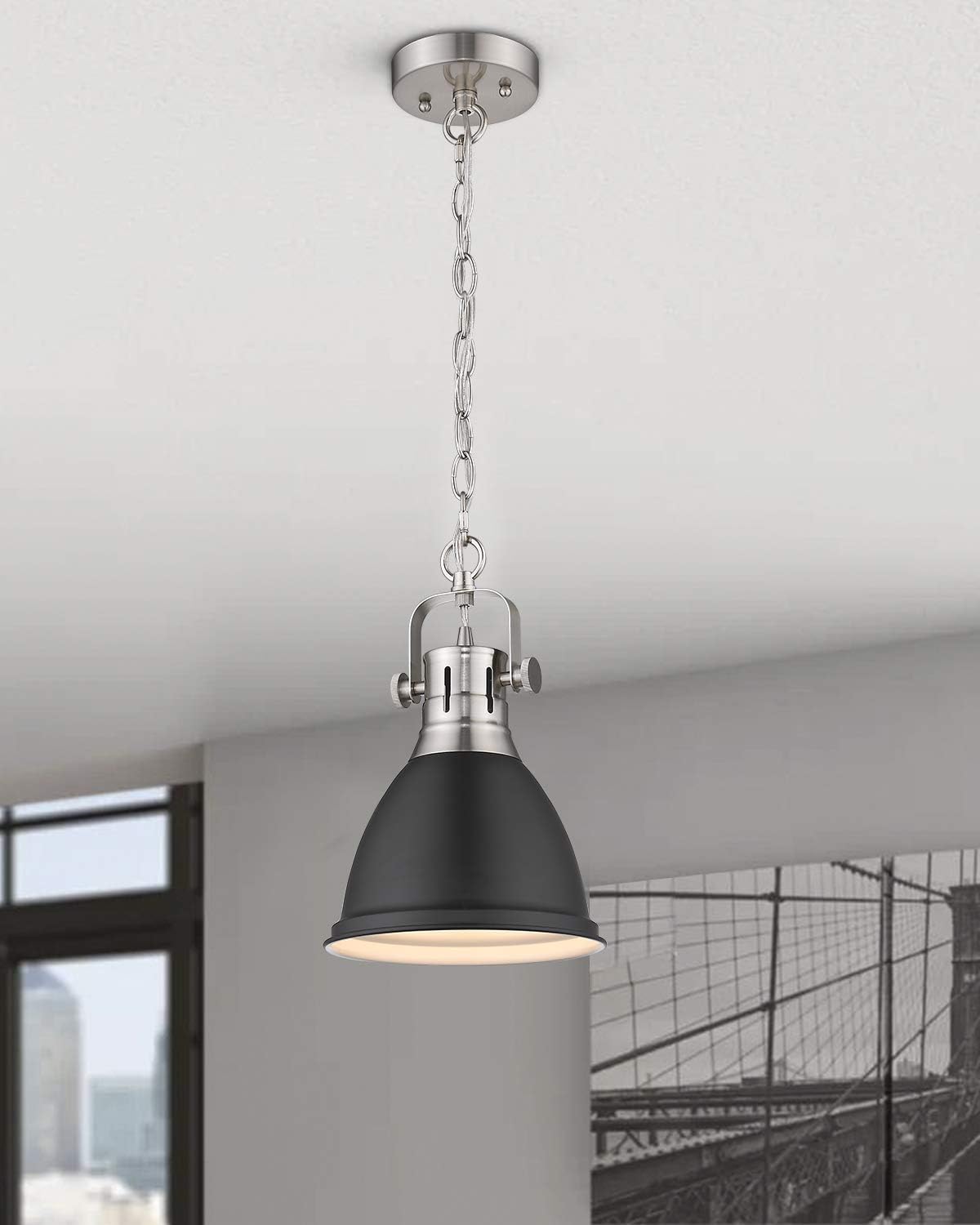 Emliviar 1-Light Industrial Pendant Light, 8 inch Modern Dome Hanging Light with Metal Shade, Black Finish, 4054M BN/BK - - 