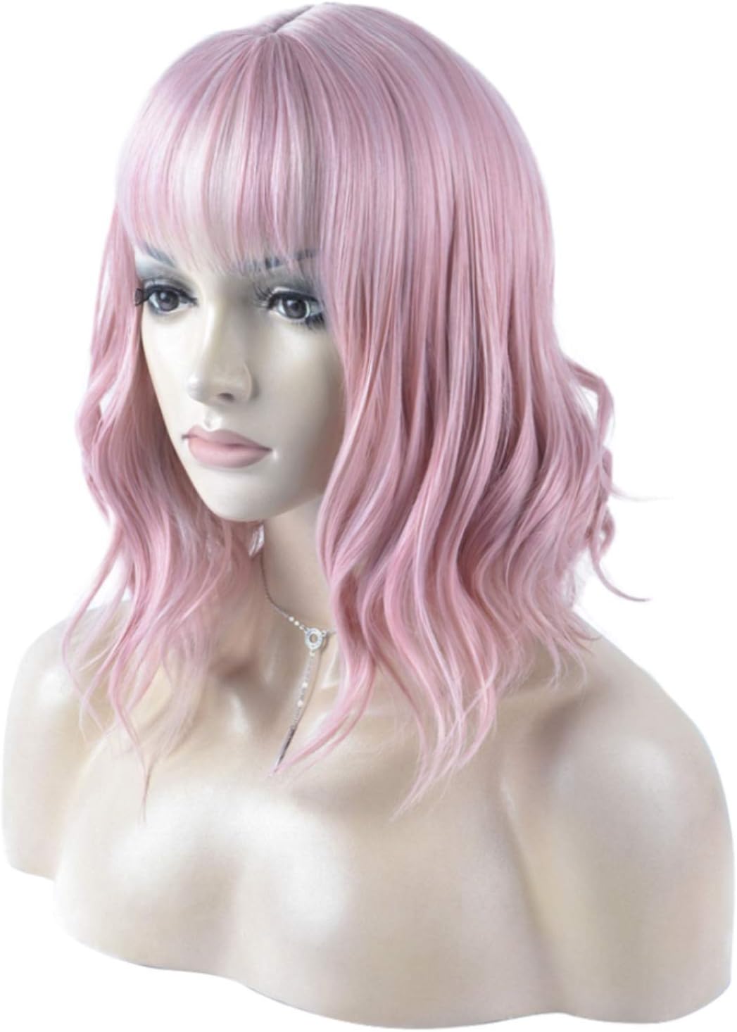 DAOTS 14 Inches Curly Wigs with Bangs for Women Girls Synthetic Wavy Hair Wig (Pink)