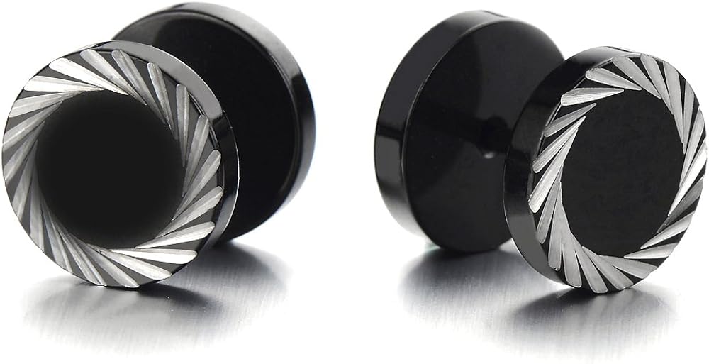 10MM Illusion Tunnel Plug Black Stainless Steel Mens Earrings Screw