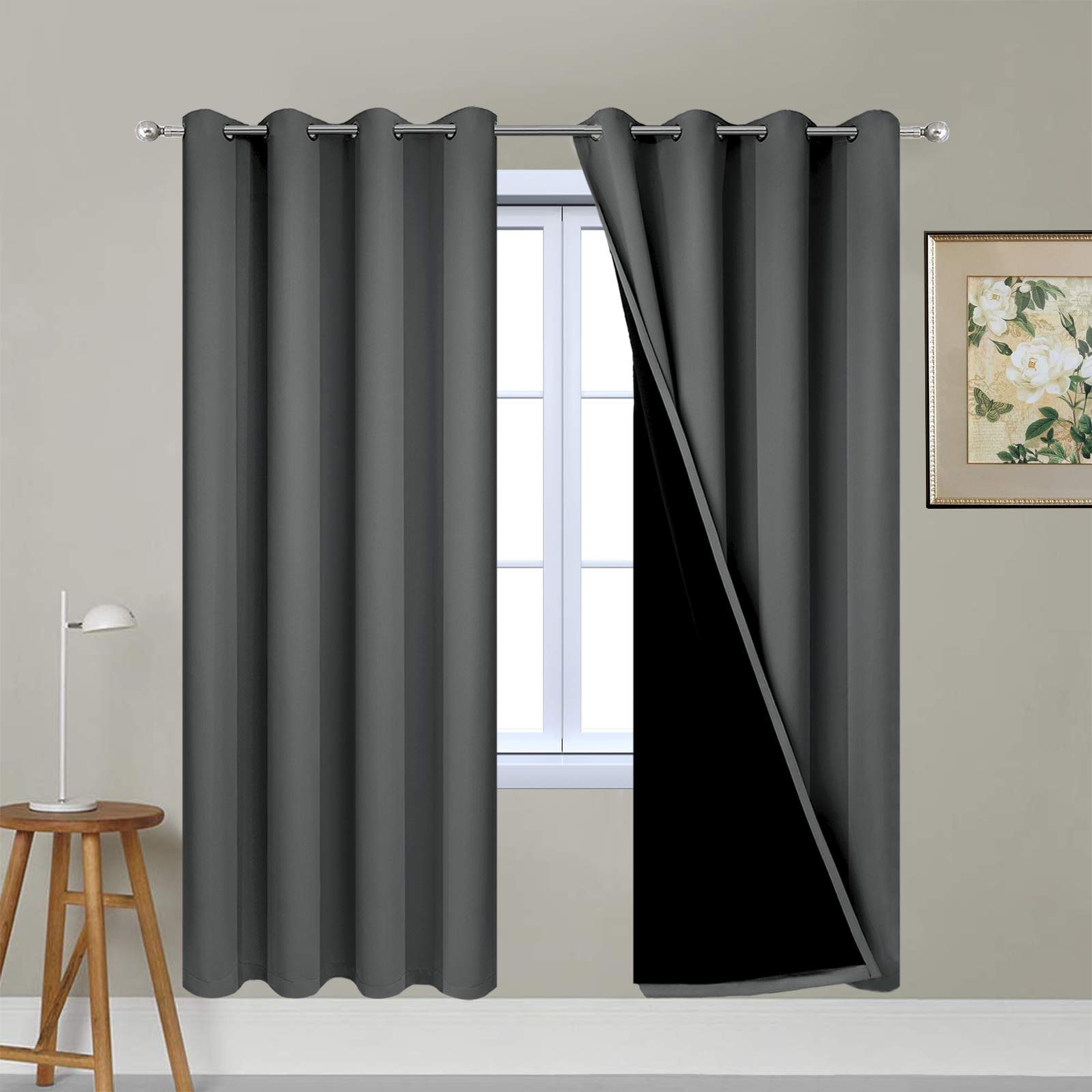 Photo 1 of Yakamok 63 Inches Long Dark Gray 100% Blackout Curtains, Noise Reducing Window Drapes,Room Darkening Curtain Panels with Black Liners for Bedroom(Dark Grey, 2 Panels, 52W x 63L)