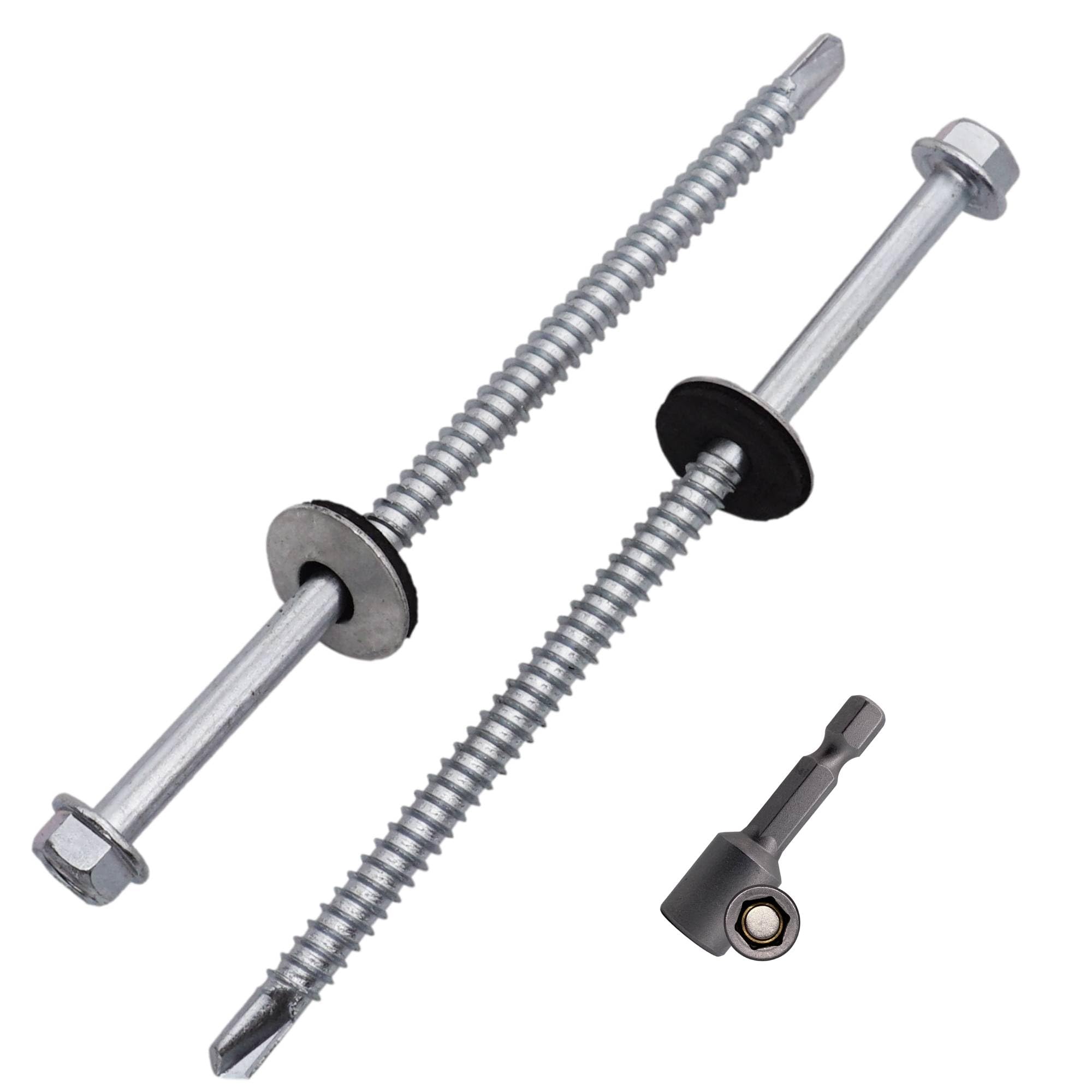 SKIR'CO (20 pcs) Zinc Plated Roofing Screws 5.5 x 105 mm, Hex Head, DIN 7504-K Self-Drilling Screws with EPDM Sealing Washers
