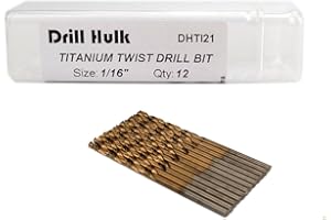 DRILL HULK Pack of 12, 1/16-Inch Titanium Nitride Coated Drill Bit, Premium M2 High Speed Steel, Jobber Length, for Metal, Plastic, Wood