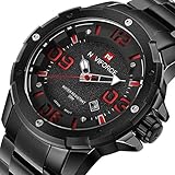Tonnier Men's Stainless Steel Calendar Watch, Black Unique Case& Red Numbers