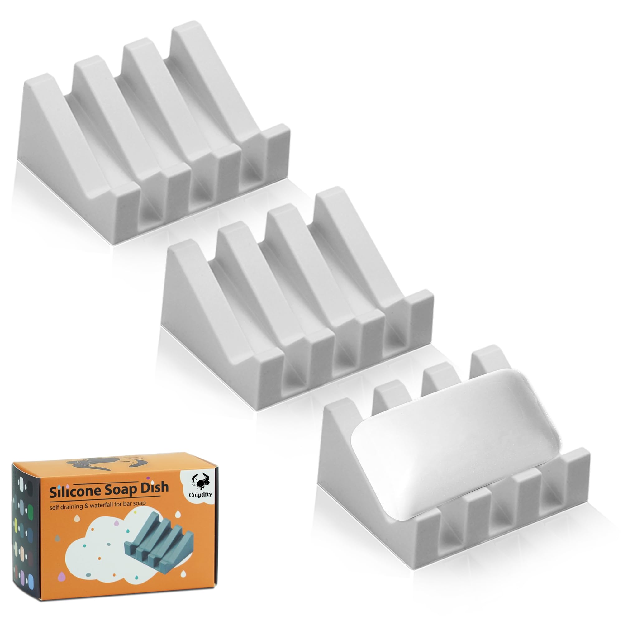 Coipdfty Self Draining Soap Dish Holder,Silicone Soap Dish,for Bathroom,Kitchen, Sponges，Can Extend Soap Life，Keep Soap Bars Dry and Easy Cleaning (Light Grey,3-Pack) Image
