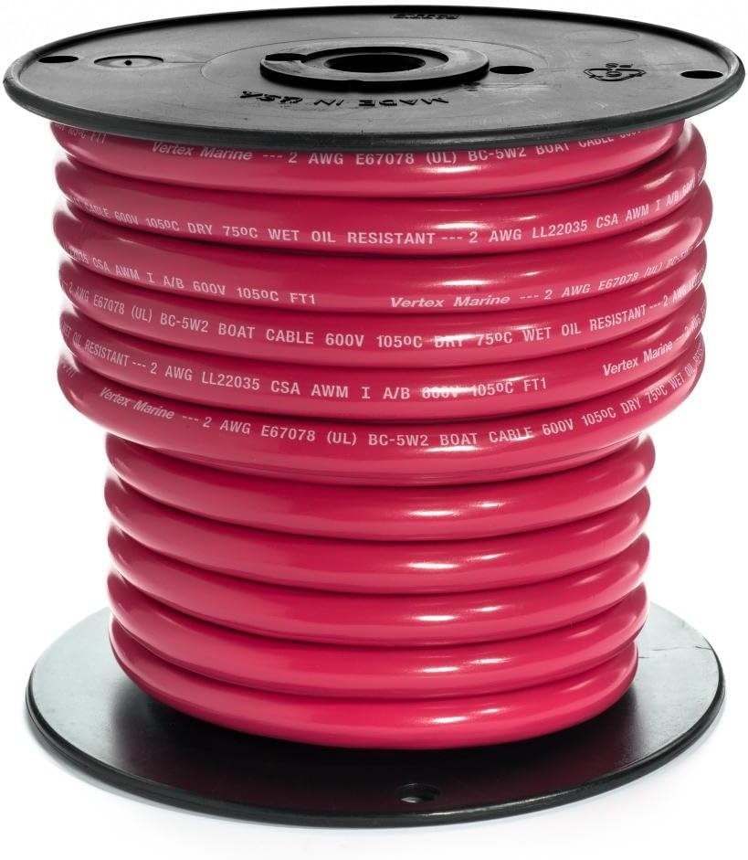 EWCS 2 AWG UL Approved Marine Grade Tinned Copper Boat Battery Cable Rated 600 Volts Spec - Made in USA! - RED - 25 FEET : Sports & Outdoors