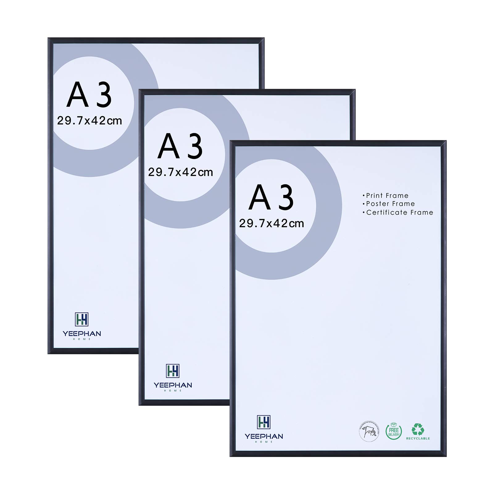 A3 Picture Frames,Certificate Frame,Poster Frame - 29.7x42 cm Black Metal Aluminum Photo Frames with Perspex Front for Wall Mounting,Black Set of 3