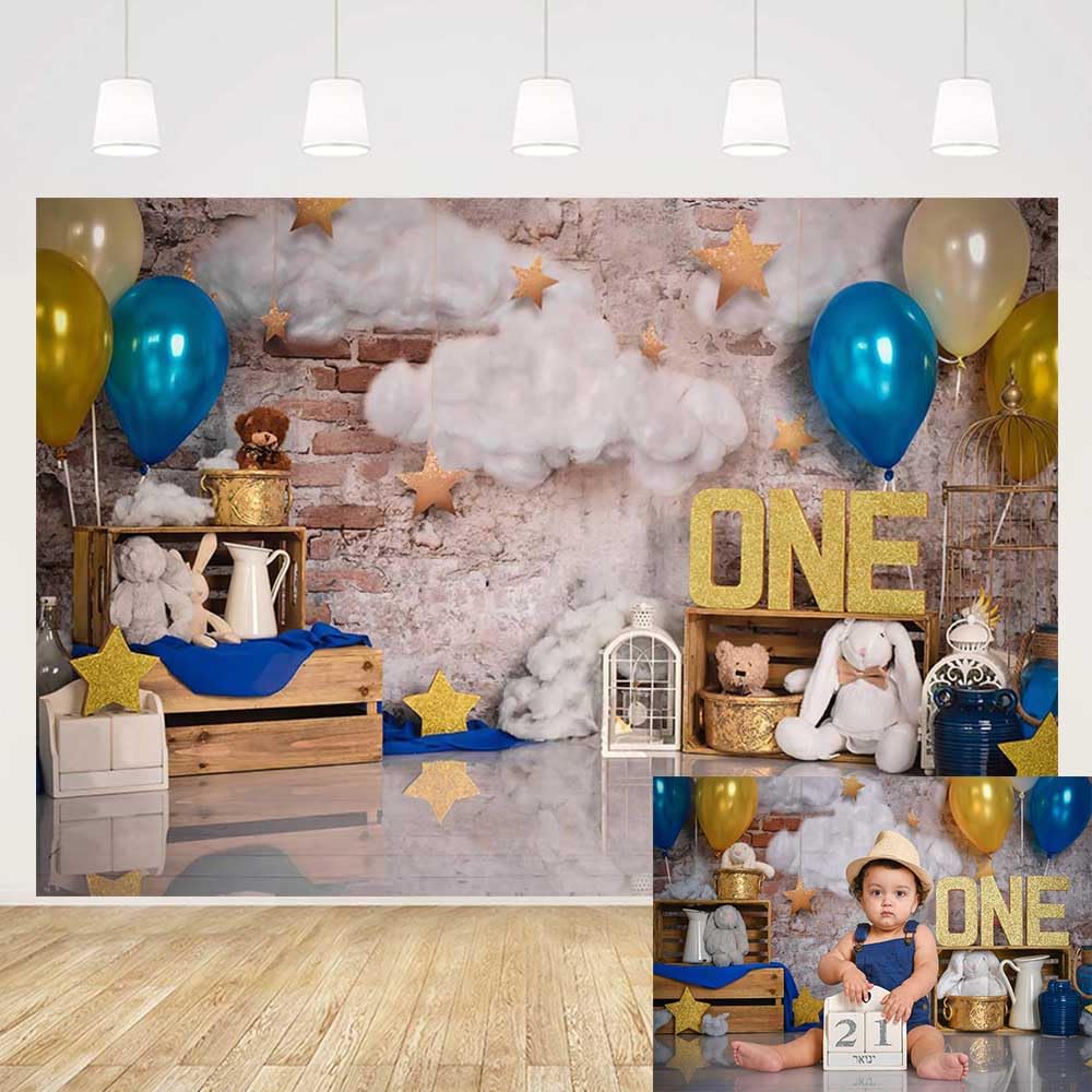 MEHOFOND 7x5ft Blue and Gold Boy One Birthday Photo Studio Portrait Backdrop Props Balloons Cloud Stars Retro Wall Happy 1st Birthday Party Decorations Photography Background Banner