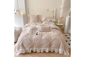 IHOUSTRIY Khaki Duvet Cover Queen Size - Pintuck Queen Duvet Cover Set Flower, 3 Piece Girls Ruffle Bedding with Zipper Closure, 1 Pinch Pleated Duvet Cover 90x90 inches and 2 Pillow Shams