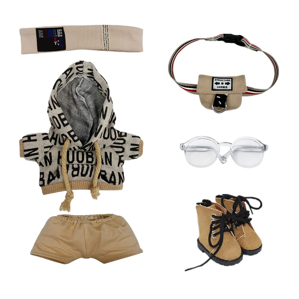 niannyyhouse 20cm Plush Doll Clothes Loose Hip-hop Suit Headwear Hoodie Pants Backpack Glasses Shoes 8in Doll Accessories (Brown, 20cm)