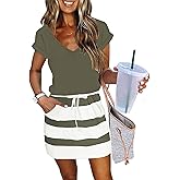 Womens Summer Dress Lantern Sleeve Square Neck Tie Front A-Line Double Layer Hem Mini Dresses