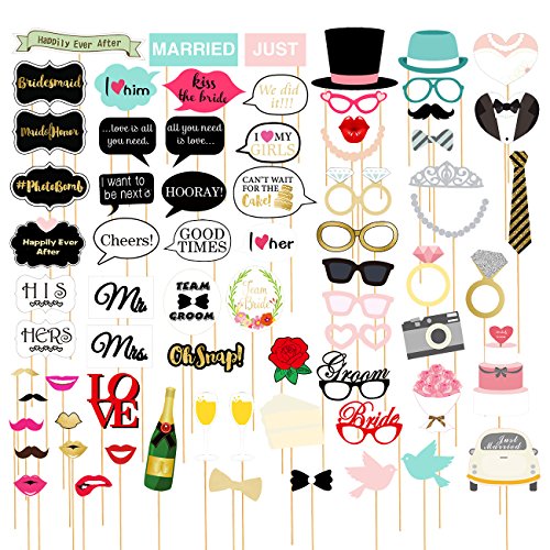 72-Pack Wedding Photo Booth Props – Funny, Bridal Party Photo Props, Selfie Props, Fun Prop Kit, Assorted Designs