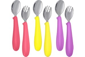 YAHAA Toddler Utensils with Silicone Handle,6 pcs Kids Silverware Set,Baby Forks and Spoons for Self-Feeding,Watermelon Yellow Purple