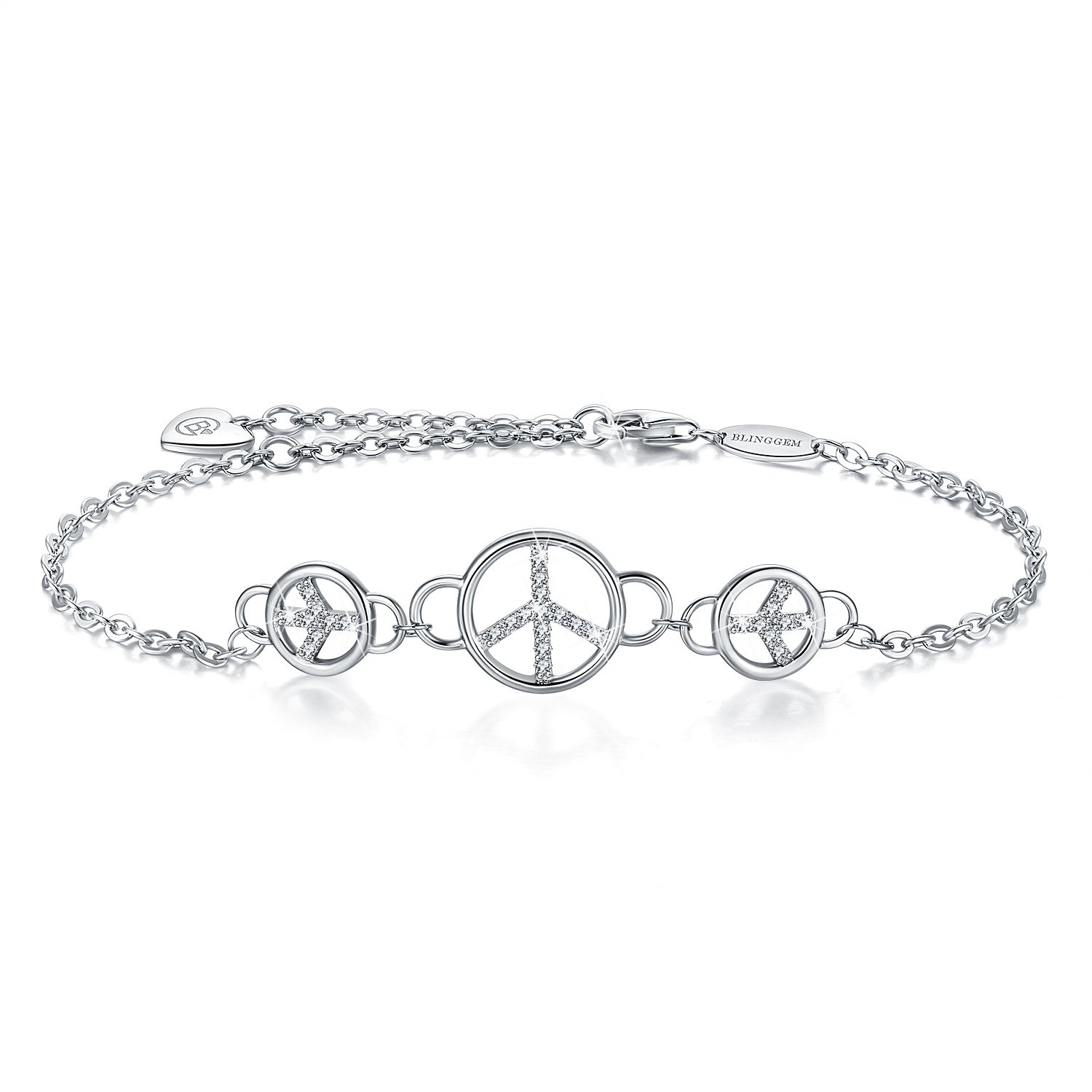 BlingGem Women 18ct White Gold Plated 925 Sterling Silver Round Cubic Zirconia Symbol Peace Hope Love Peace Sign Bracelet Chain Adjustable