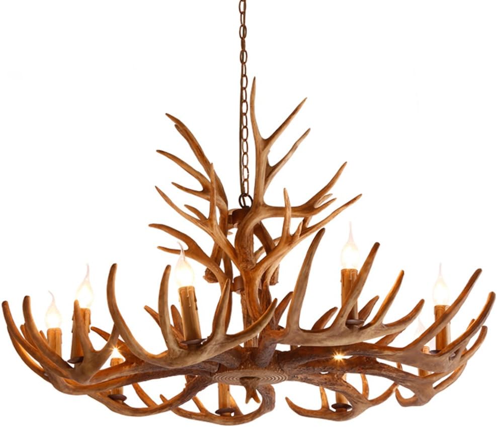 KunMai Cottage Style Faux Deer Antler Resin Branch Chandelier with 2-Tier Decorative Antlers Candle-style Pendant Fixture(9-light)
