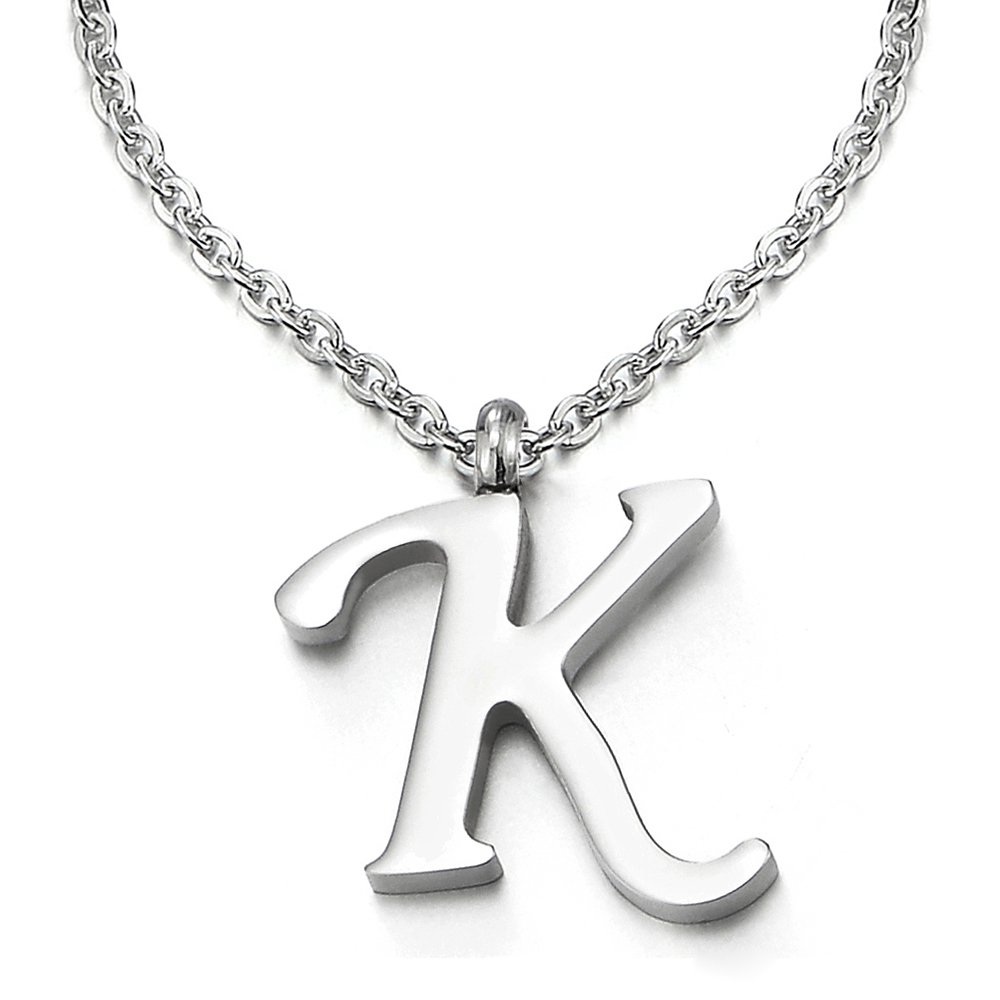 COOLSTEELANDBEYOND Womens Mens Steel Name Initial Alphabet Letter K Pendant Necklace with 20 inches Chain