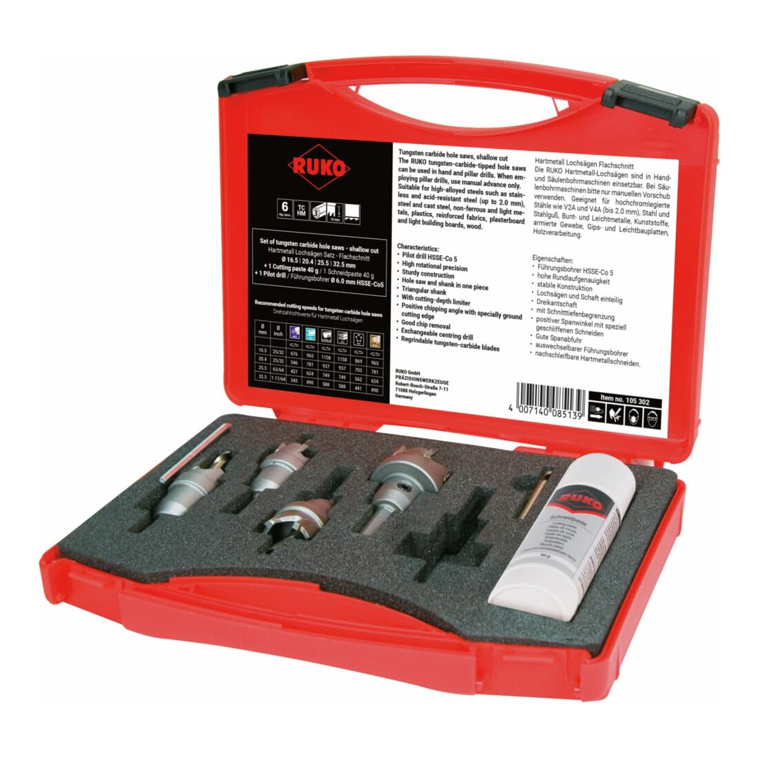 Ruko Tungsten Carbide Hole Saw Set, Shallow Cut in Plastic Case, Bright Finish, 6 Pieces, R105302